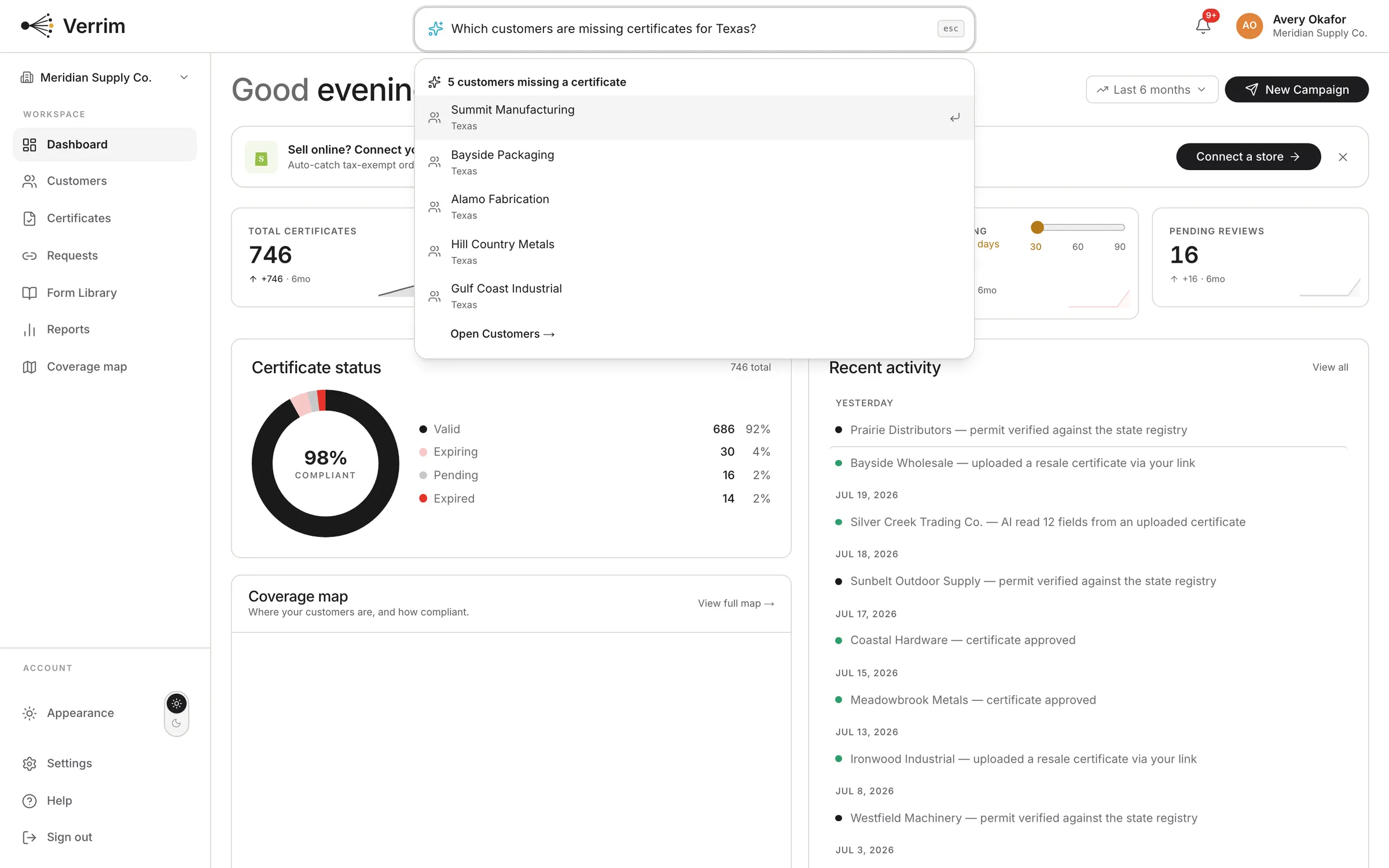 Ask Verrim answering “Which customers are missing certificates for Texas?” from live records.
