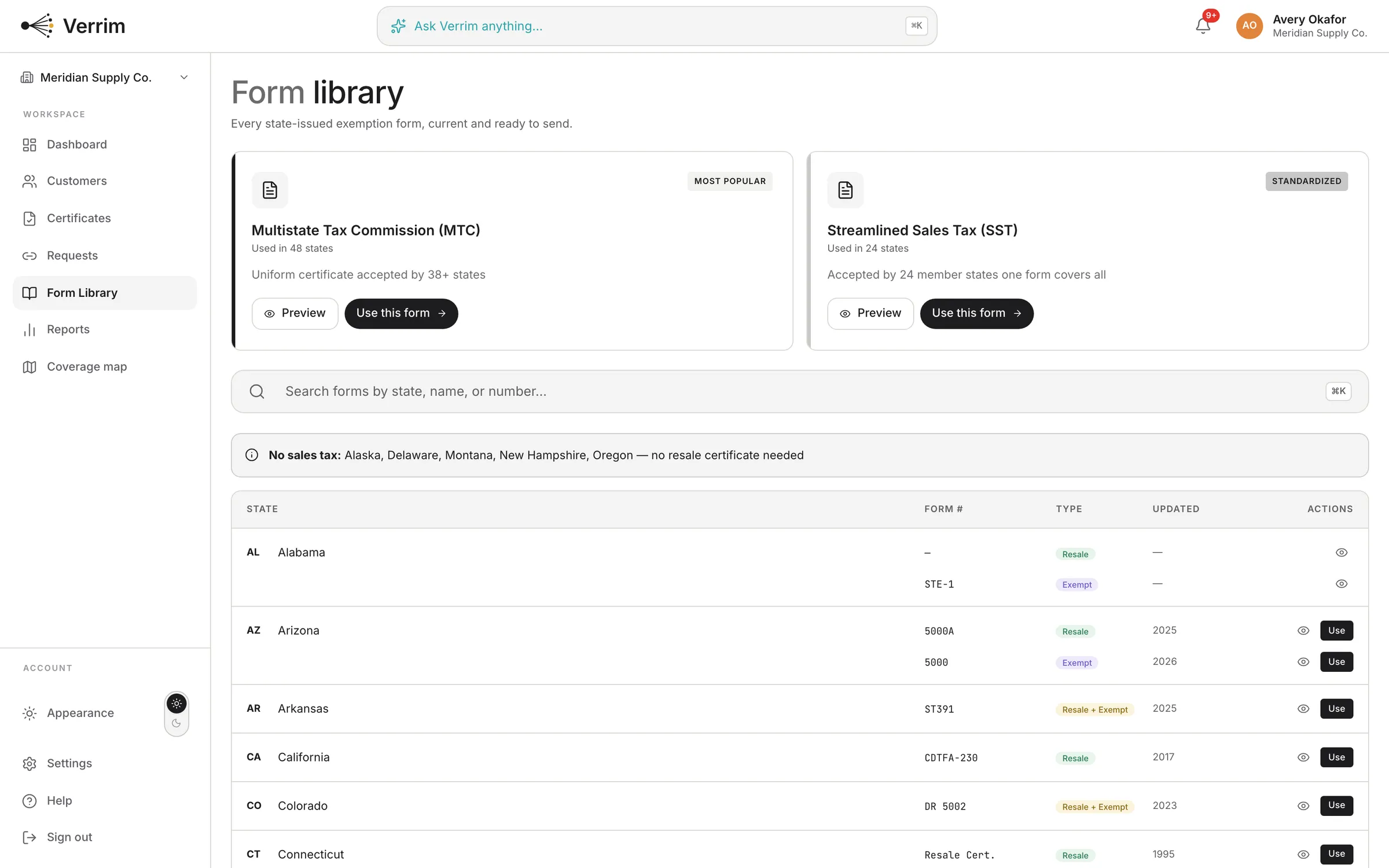 Verrim form library — every state's exemption certificate form plus MTC and SST, kept current.