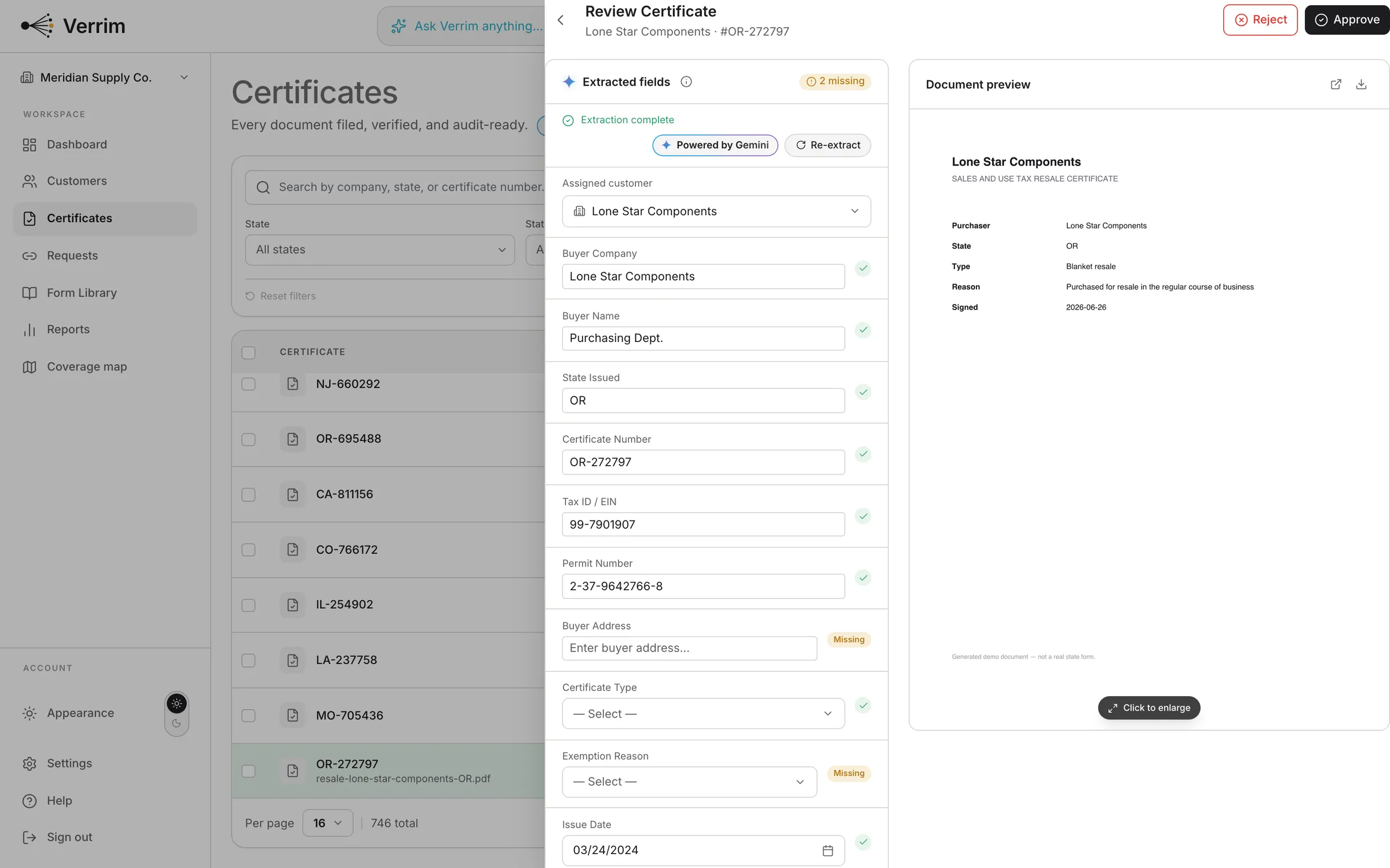 Verrim certificate review drawer with AI-extracted fields — permit number, dates, and buyer details — ready to approve.